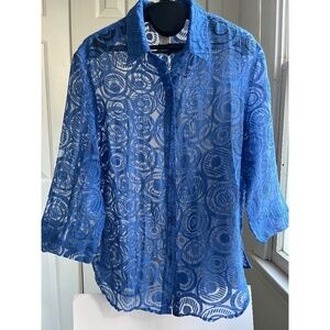 Sheer‎ Oversized Blue Nylon Blouse Shirt Swim Cover Up Top Blouson, Size L